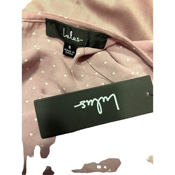 Lulus Farah Mauve Print Midi Wrap Dress high low dainty white triangles small - Picture 9 of 9